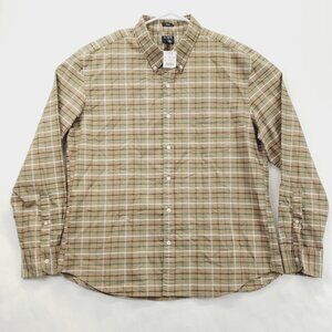 NEW J Crew Flex Oxford Shirt Mens 2XL Beige Plaid 100% Cotton Back Pleated Slim